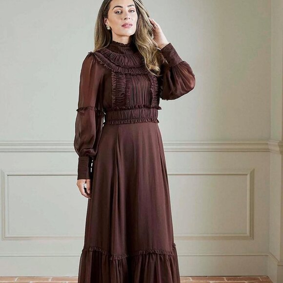 NWT: Lydia x Karen Millen Crinkle High Neck Drama Midaxi Dress Chocolate Brown - Picture 1 of 12